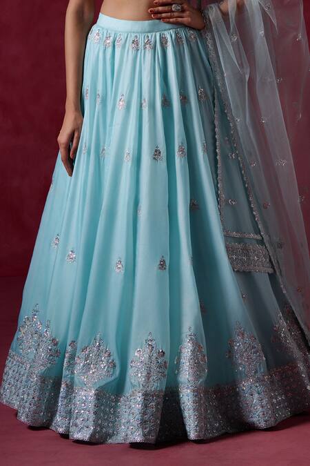 Buy_Lashkaraa_Blue Crepe Embroidered Zari Leaf Lehenga Blouse Set _Online_at_Aza_Fashions