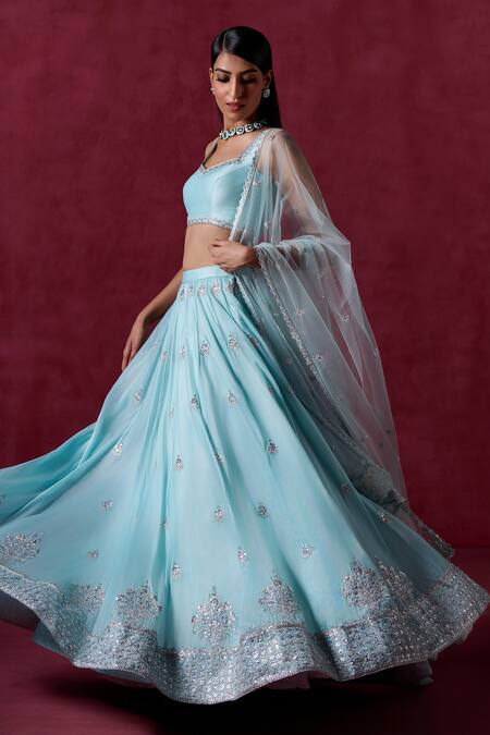 Shop_Lashkaraa_Blue Crepe Embroidered Zari Leaf Lehenga Blouse Set _Online_at_Aza_Fashions