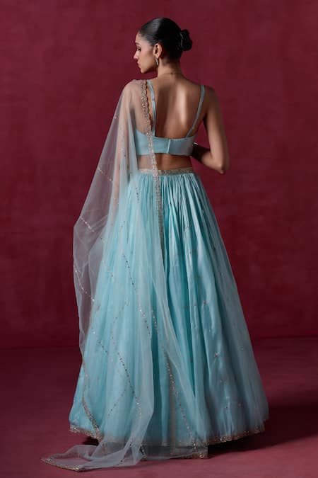 Lashkaraa_Blue Organza, Net, Satin Sequins, Zari Embroidered Scallop Hem Lehenga Set _Online_at_Aza_Fashions