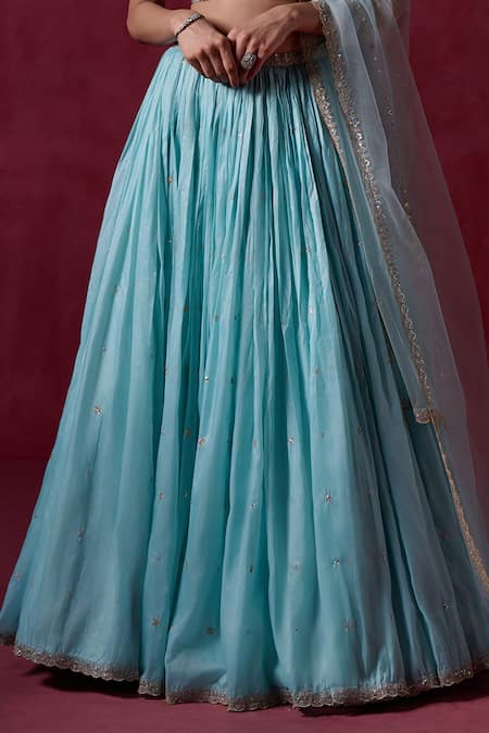 Buy_Lashkaraa_Blue Organza, Net, Satin Sequins, Zari Embroidered Scallop Hem Lehenga Set _Online_at_Aza_Fashions
