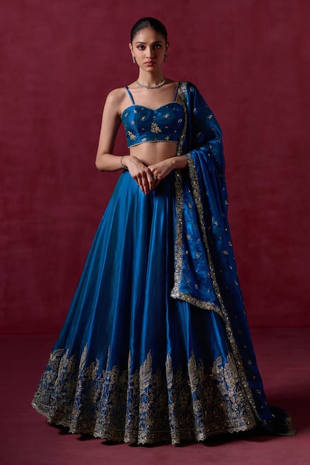 LASHKARAA Blue Organza Embroidered Zari Plunge Sweetheart Floral Blouse Lehenga Set 