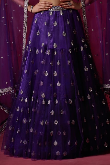 Buy_Lashkaraa_Purple Net, Satin Embroidery, Sequins, Zari Plunge Neck Floral Lehenga Set _Online_at_Aza_Fashions