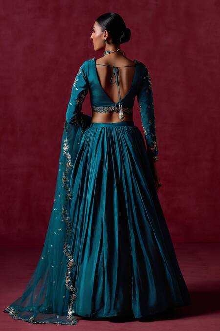 Shop Lashkaraa Green Crepe, Silk, Net Sequins, Zari Teal Botanical Embroidered Lehenga Set at Aza Fashions Shop_Lashkaraa_Green Crepe, Silk, Net Sequins, Zari Teal Botanical Embroidered Lehenga Set_at_Aza_Fashions