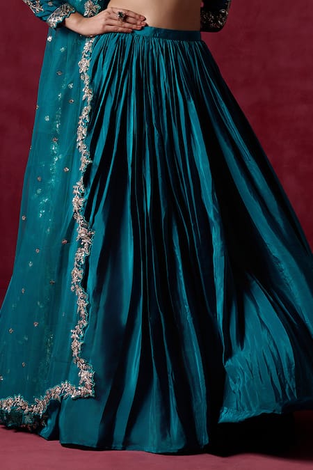 Lashkaraa Green Crepe, Silk, Net Sequins, Zari Teal Botanical Embroidered Lehenga Set Online at Aza Fashions Lashkaraa_Green Crepe, Silk, Net Sequins, Zari Teal Botanical Embroidered Lehenga Set_Online_at_Aza_Fashions