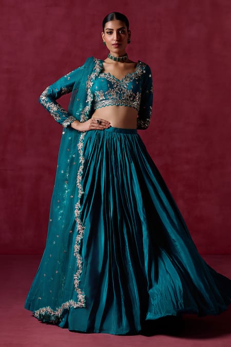 Buy Lashkaraa Green Crepe, Silk, Net Sequins, Zari Teal Botanical Embroidered Lehenga Set Online at Aza Fashions Buy_Lashkaraa_Green Crepe, Silk, Net Sequins, Zari Teal Botanical Embroidered Lehenga Set_Online_at_Aza_Fashions
