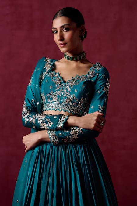 Shop Lashkaraa Green Crepe, Silk, Net Sequins, Zari Teal Botanical Embroidered Lehenga Set Online at Aza Fashions Shop_Lashkaraa_Green Crepe, Silk, Net Sequins, Zari Teal Botanical Embroidered Lehenga Set_Online_at_Aza_Fashions