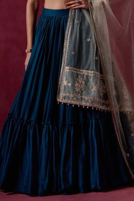 Lashkaraa_Blue Crepe, Silk, Net Zari, Sequins, Embroidery V-neck Floral Veli Lehenga Set_Online_at_Aza_Fashions
