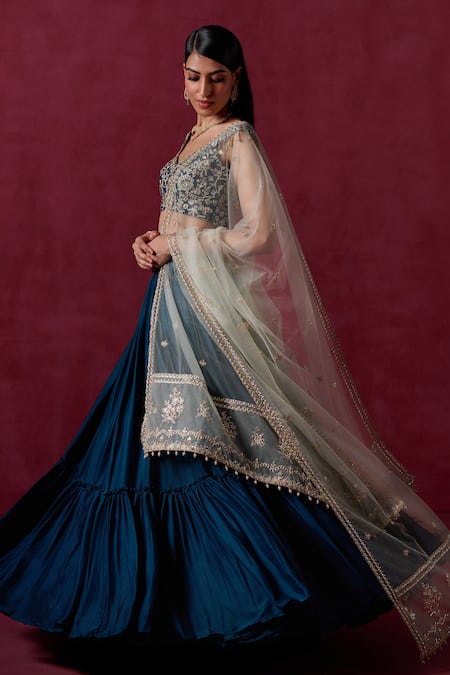 Buy_Lashkaraa_Blue Crepe, Silk, Net Zari, Sequins, Embroidery V-neck Floral Veli Lehenga Set_Online_at_Aza_Fashions