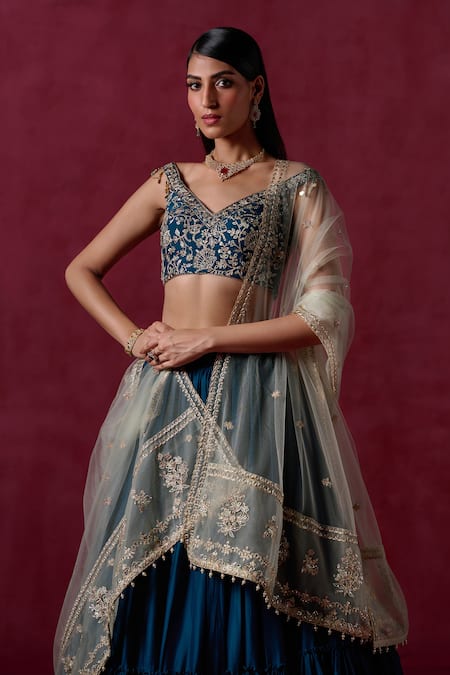 Shop_Lashkaraa_Blue Crepe, Silk, Net Zari, Sequins, Embroidery V-neck Floral Veli Lehenga Set_Online_at_Aza_Fashions