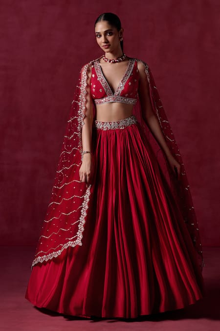 Shop_Lashkaraa_Red Crepe, Silk, Net Sequins, Zari Plunge Neck Floral Embroidered Lehenga Set _Online_at_Aza_Fashions