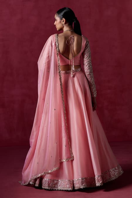 Shop Lashkaraa Peach Crepe, Silk, Net Sequins, Zari Boat Neck Embroidered Blouse Lehenga Set at Aza Fashions Shop_Lashkaraa_Peach Crepe, Silk, Net Sequins, Zari Boat Neck Embroidered Blouse Lehenga Set_at_Aza_Fashions