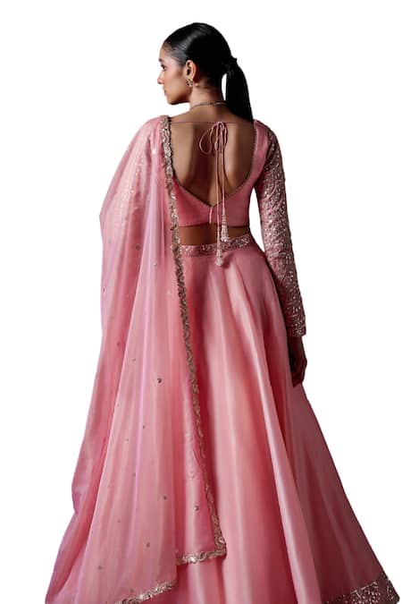 Lashkaraa Peach Crepe, Silk, Net Sequins, Zari Boat Neck Embroidered Blouse Lehenga Set Online at Aza Fashions Lashkaraa_Peach Crepe, Silk, Net Sequins, Zari Boat Neck Embroidered Blouse Lehenga Set_Online_at_Aza_Fashions
