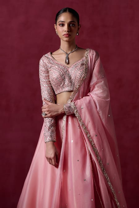 Shop Lashkaraa Peach Crepe, Silk, Net Sequins, Zari Boat Neck Embroidered Blouse Lehenga Set Online at Aza Fashions Shop_Lashkaraa_Peach Crepe, Silk, Net Sequins, Zari Boat Neck Embroidered Blouse Lehenga Set_Online_at_Aza_Fashions