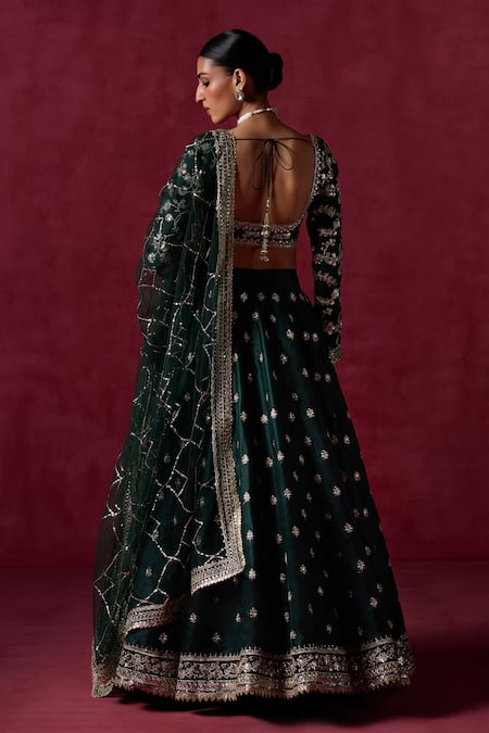 Lashkaraa_Green Silk, Net, Satin Sequins, Zari, Embroidery Scoop Neck Floral Lehenga Set _Online_at_Aza_Fashions