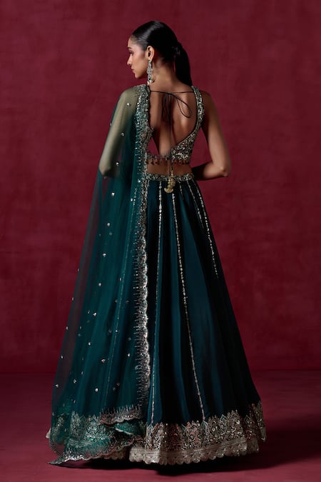 Lashkaraa_Green Crepe, Silk, Net Zari, Sequins Plunge Neck Embroidered Blouse Lehenga Set _Online_at_Aza_Fashions