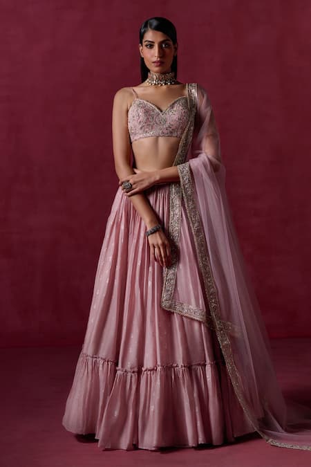 LASHKARAA Pink Silk Embroidered Zari Sweetheart Neck Blouse Lehenga Set 