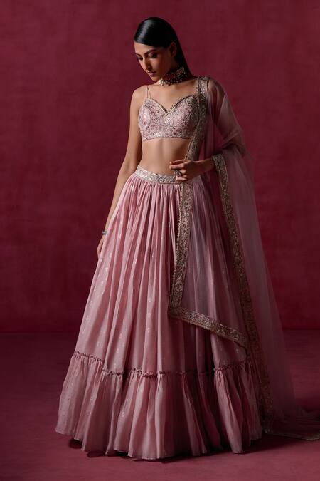 Shop_Lashkaraa_Pink Silk, Satin, Net Sequins, Zari, Embroidery Sweetheart Blouse And Lehenga Set _Online_at_Aza_Fashions