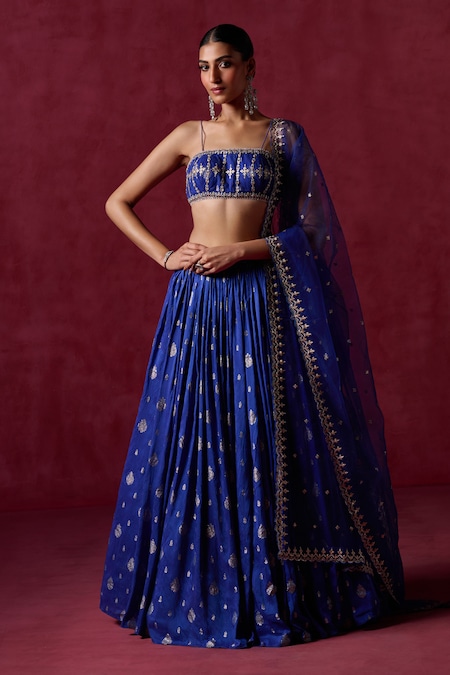 Buy_Lashkaraa_Blue Brocade, Net, Satin Sequins, Zari Square Floral Butta Detailed Lehenga Set _at_Aza_Fashions