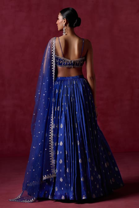 Lashkaraa_Blue Brocade, Net, Satin Sequins, Zari Floral Butta Embroidered Lehenga Set _Online_at_Aza_Fashions