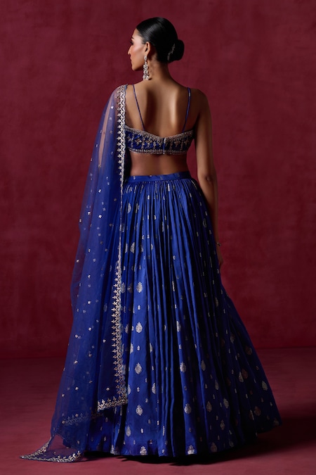 Lashkaraa_Blue Brocade, Net, Satin Sequins, Zari Square Floral Butta Detailed Lehenga Set _Online_at_Aza_Fashions