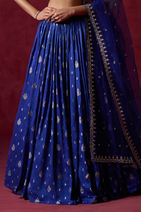 Buy_Lashkaraa_Blue Brocade, Net, Satin Sequins, Zari Square Floral Butta Detailed Lehenga Set _Online_at_Aza_Fashions