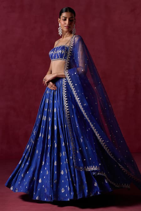 Shop_Lashkaraa_Blue Brocade, Net, Satin Sequins, Zari Floral Butta Embroidered Lehenga Set _Online_at_Aza_Fashions