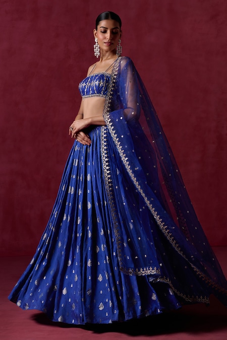 Shop_Lashkaraa_Blue Brocade, Net, Satin Sequins, Zari Square Floral Butta Detailed Lehenga Set _Online_at_Aza_Fashions