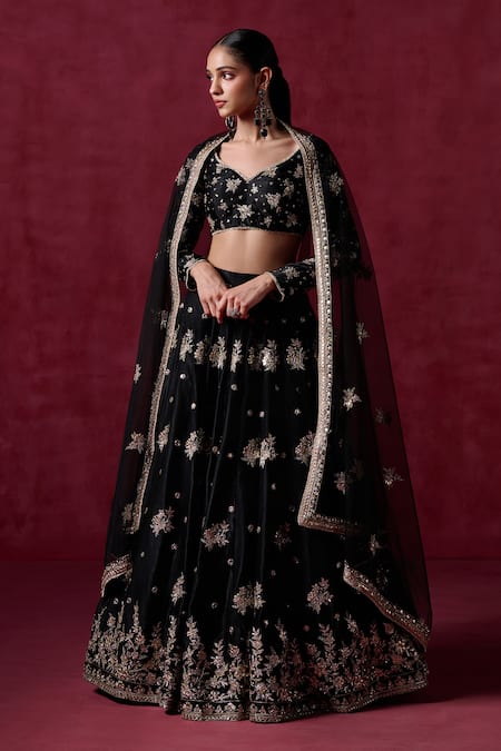 Shop Lashkaraa Black Satin, Crepe Sequins, Zari, Embroidery Floral Butta Lehenga Set Online at Aza Fashions Shop_Lashkaraa_Black Satin, Crepe Sequins, Zari, Embroidery Floral Butta Lehenga Set _Online_at_Aza_Fashions
