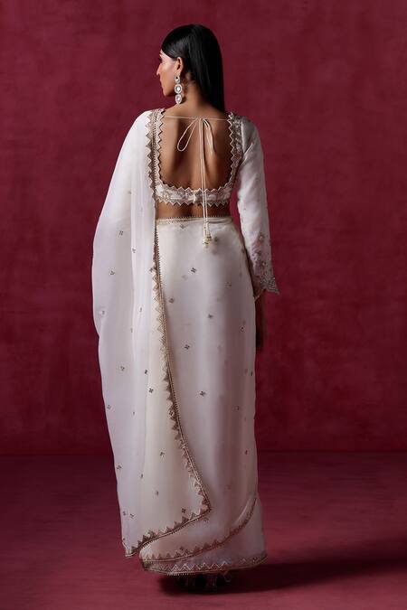 Shop Lashkaraa Off White Organza, Satin Embroidery, Sequins Square Pre-draped Saree And Blouse at Aza Fashions Shop_Lashkaraa_Off White Organza, Satin Embroidery, Sequins Square Pre-draped Saree And Blouse_at_Aza_Fashions