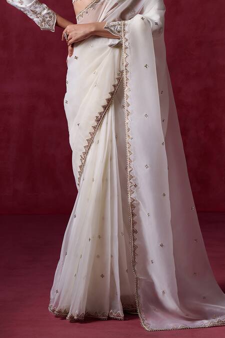 Lashkaraa Off White Organza, Satin Embroidery, Sequins Square Pre-draped Saree And Blouse Online at Aza Fashions Lashkaraa_Off White Organza, Satin Embroidery, Sequins Square Pre-draped Saree And Blouse_Online_at_Aza_Fashions