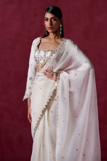 Buy Lashkaraa Off White Organza, Satin Embroidery, Sequins Square Pre-draped Saree And Blouse Online at Aza Fashions Buy_Lashkaraa_Off White Organza, Satin Embroidery, Sequins Square Pre-draped Saree And Blouse_Online_at_Aza_Fashions