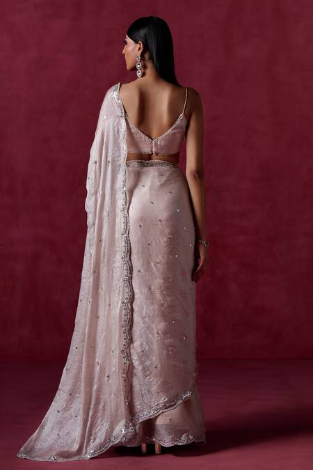 Shop Lashkaraa Off White Organza, Satin Embroidery, Sequins Square Pre-draped Saree And Blouse Online at Aza Fashions Shop_Lashkaraa_Off White Organza, Satin Embroidery, Sequins Square Pre-draped Saree And Blouse_Online_at_Aza_Fashions