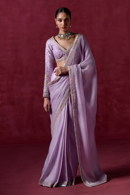 LASHKARAA Purple Silk Embroidered Zari V Neck Hem Pre-draped Saree With Blouse 