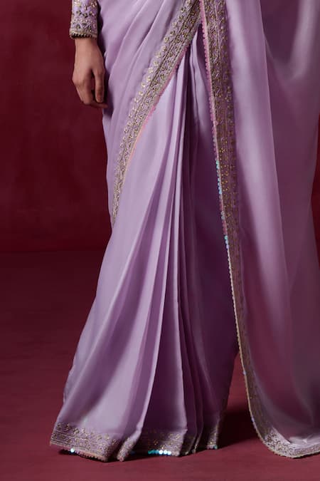 Buy_Lashkaraa_Purple Silk, Satin Sequins, Zari V-neck Embroidered Pre-draped Saree Set _Online_at_Aza_Fashions