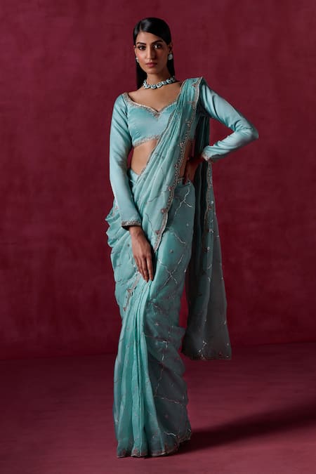 LASHKARAA Geometric Pattern Embroidered Pre-Draped Saree With Blouse 