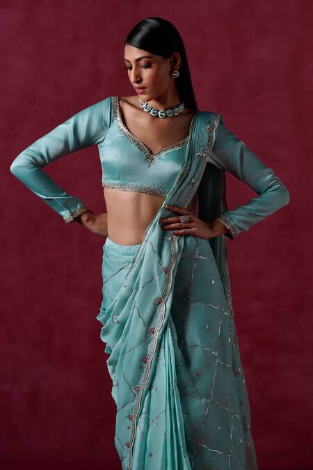 Buy_Lashkaraa_Green Silk, Satin Sequins, Zari Geometric Embroidered Pre-draped Saree Set_Online_at_Aza_Fashions