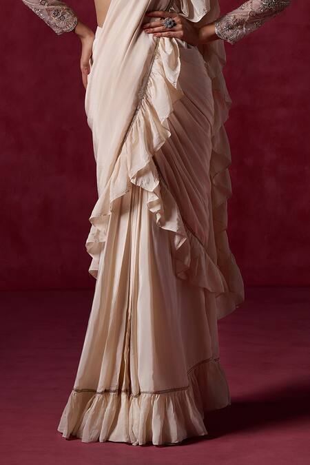 Lashkaraa_Beige Crepe Zari, Sequins High Neck Ruffle Pre-draped Saree Set_Online_at_Aza_Fashions