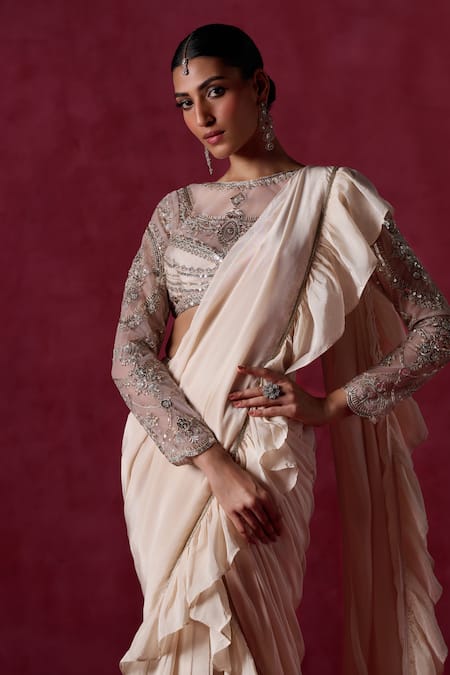 Buy_Lashkaraa_Beige Crepe Zari, Sequins High Neck Ruffle Pre-draped Saree Set_Online_at_Aza_Fashions