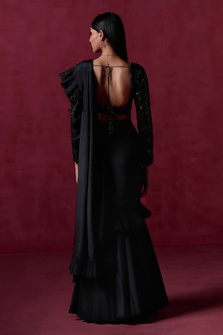 Lashkaraa Ruffle Pre-Draped Saree With Embroidered Blouse 
