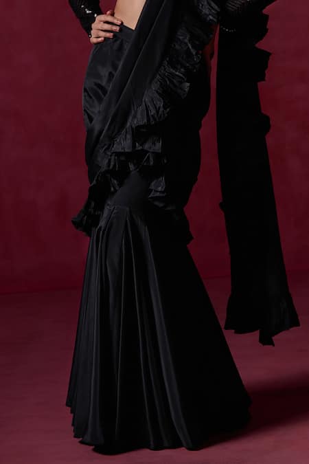 Buy_Lashkaraa_Black Crepe, Silk Sequins, Zari Ruffle Pre-draped Saree With Embroidered Blouse _Online_at_Aza_Fashions