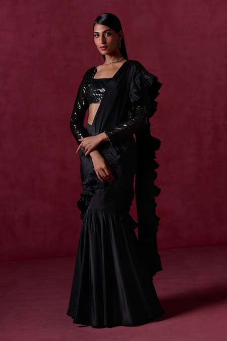 Shop_Lashkaraa_Black Crepe, Silk Sequins, Zari Ruffle Pre-draped Saree With Embroidered Blouse _Online_at_Aza_Fashions