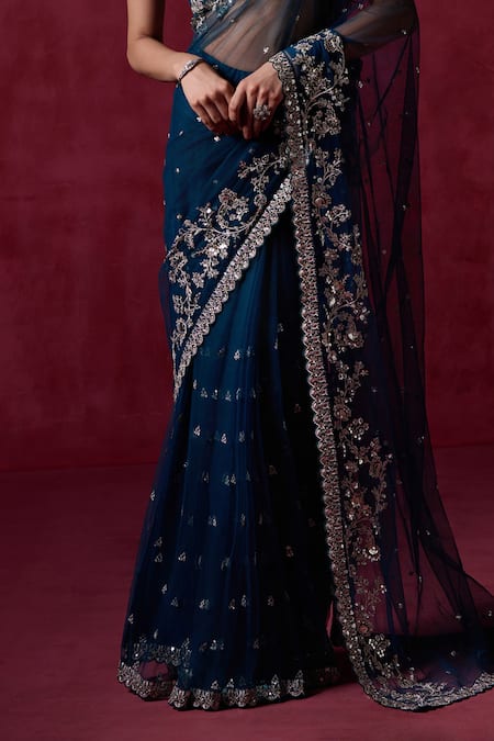 Buy_Lashkaraa_Blue Net, Silk Sequins, Zari Sweetheart Floral Veil Embroidered Pre-draped Saree _Online_at_Aza_Fashions