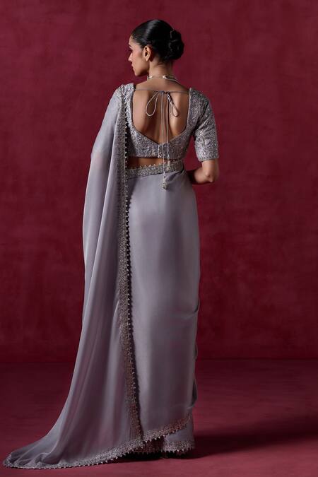 Shop Lashkaraa Gray Silk, Crepe Sequins, Zari Embroidered Scallop Hem Pre-draped Saree at Aza Fashions Shop_Lashkaraa_Gray Silk, Crepe Sequins, Zari Embroidered Scallop Hem Pre-draped Saree_at_Aza_Fashions