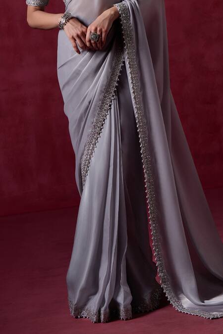 Lashkaraa Gray Silk, Crepe Sequins, Zari Embroidered Scallop Hem Pre-draped Saree Online at Aza Fashions Lashkaraa_Gray Silk, Crepe Sequins, Zari Embroidered Scallop Hem Pre-draped Saree_Online_at_Aza_Fashions