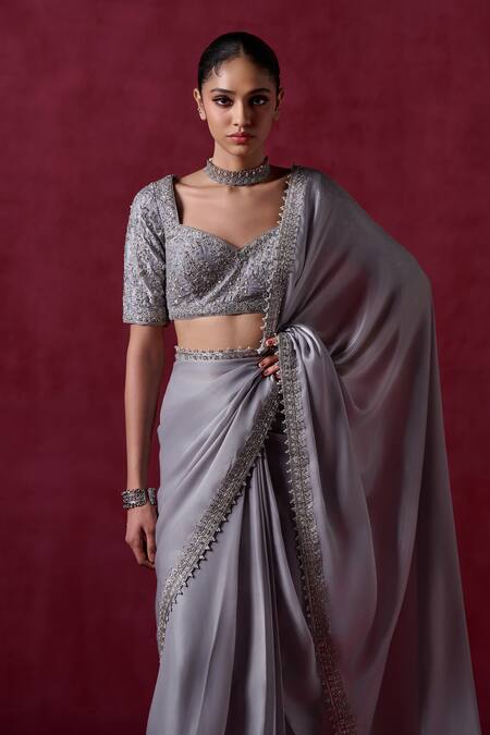 Buy Lashkaraa Gray Silk, Crepe Sequins, Zari Embroidered Scallop Hem Pre-draped Saree Online at Aza Fashions Buy_Lashkaraa_Gray Silk, Crepe Sequins, Zari Embroidered Scallop Hem Pre-draped Saree_Online_at_Aza_Fashions