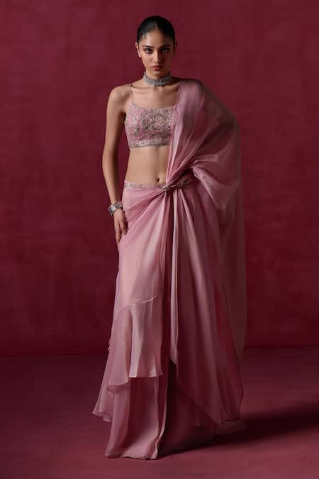 LASHKARAA Pink Net Embroidered Zari Scoop Waist Pre-draped Saree With Blouse 