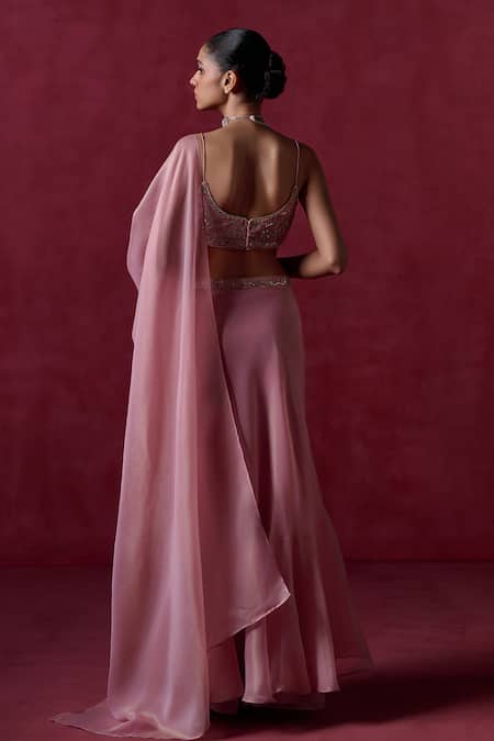 Lashkaraa Rose Pink Embroidered Pre-Draped Saree Set 