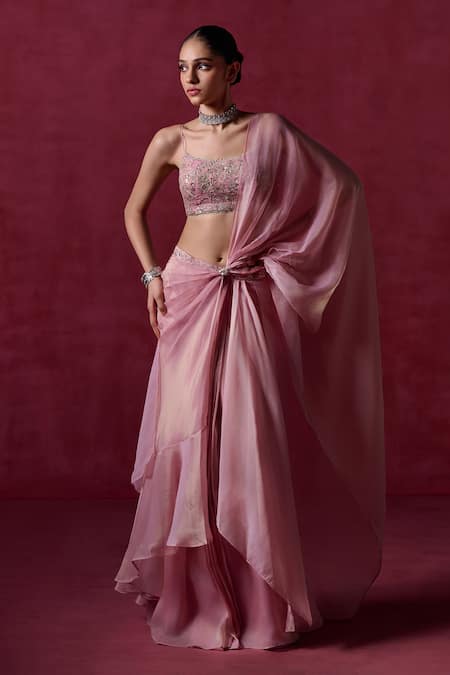 Buy_Lashkaraa_Pink Net Zari, Sequins Scoop Neck Rose Embroidered Pre-draped Saree Set _Online_at_Aza_Fashions