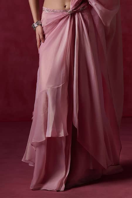 Shop_Lashkaraa_Pink Net Zari, Sequins Scoop Neck Rose Embroidered Pre-draped Saree Set _Online_at_Aza_Fashions