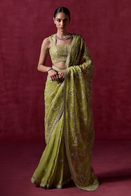 LASHKARAA Green Net Embroidered Zari Square Floral Veil Pre-draped Saree With Blouse 